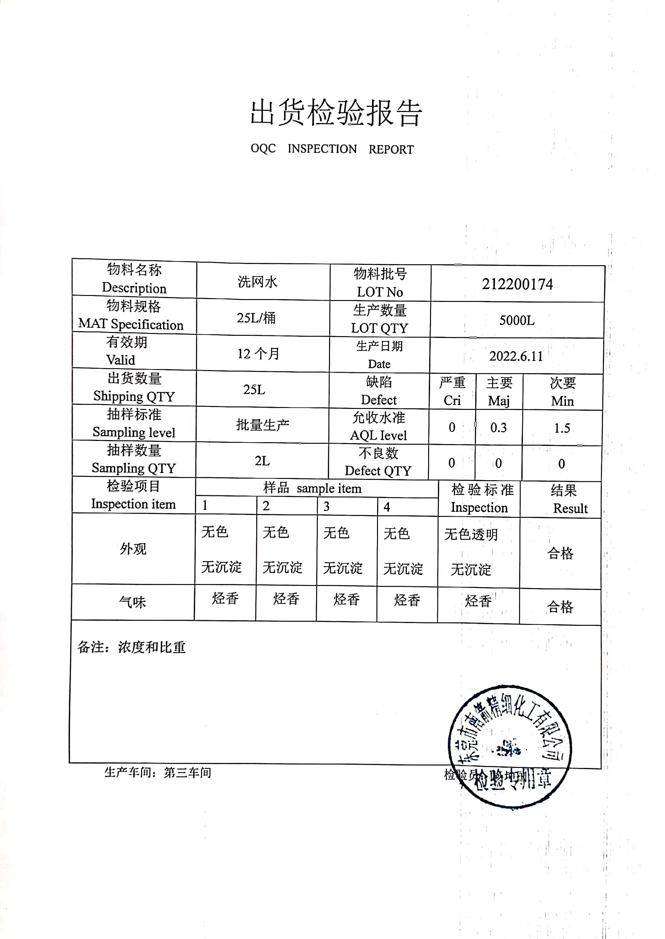 洗板水質量檢測報告